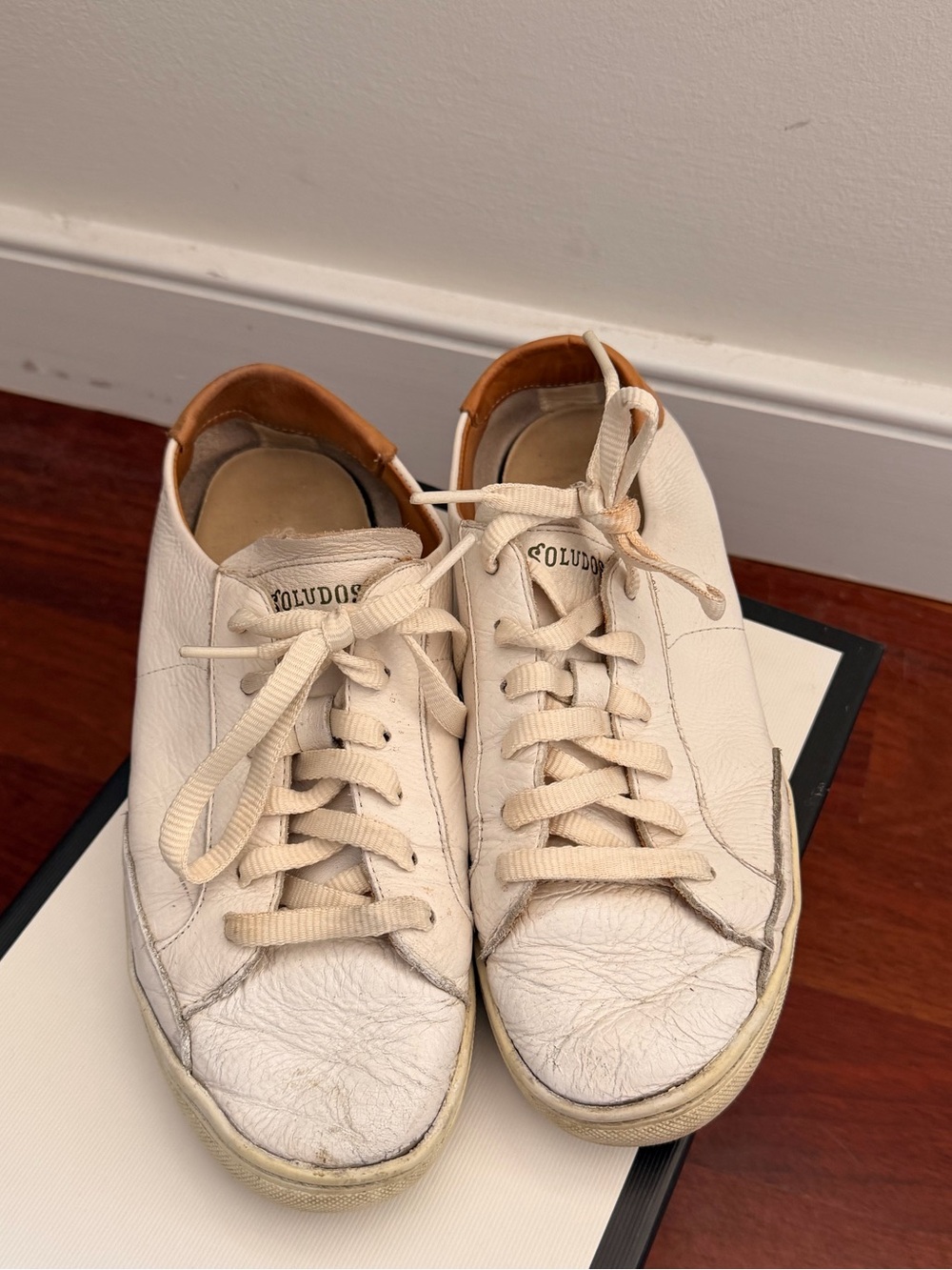 Soludos White and Tan Leather Lace-Up Sneakers